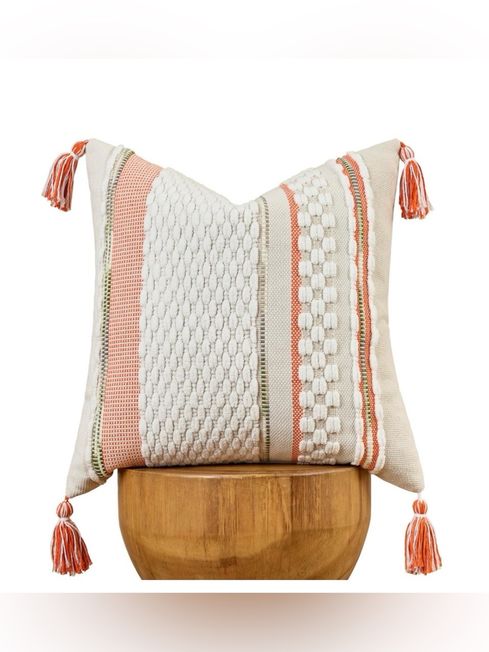 Boho Textured Geometric Pillow Cover with Tassel Accent SQUARE 18x18” - ORANGE